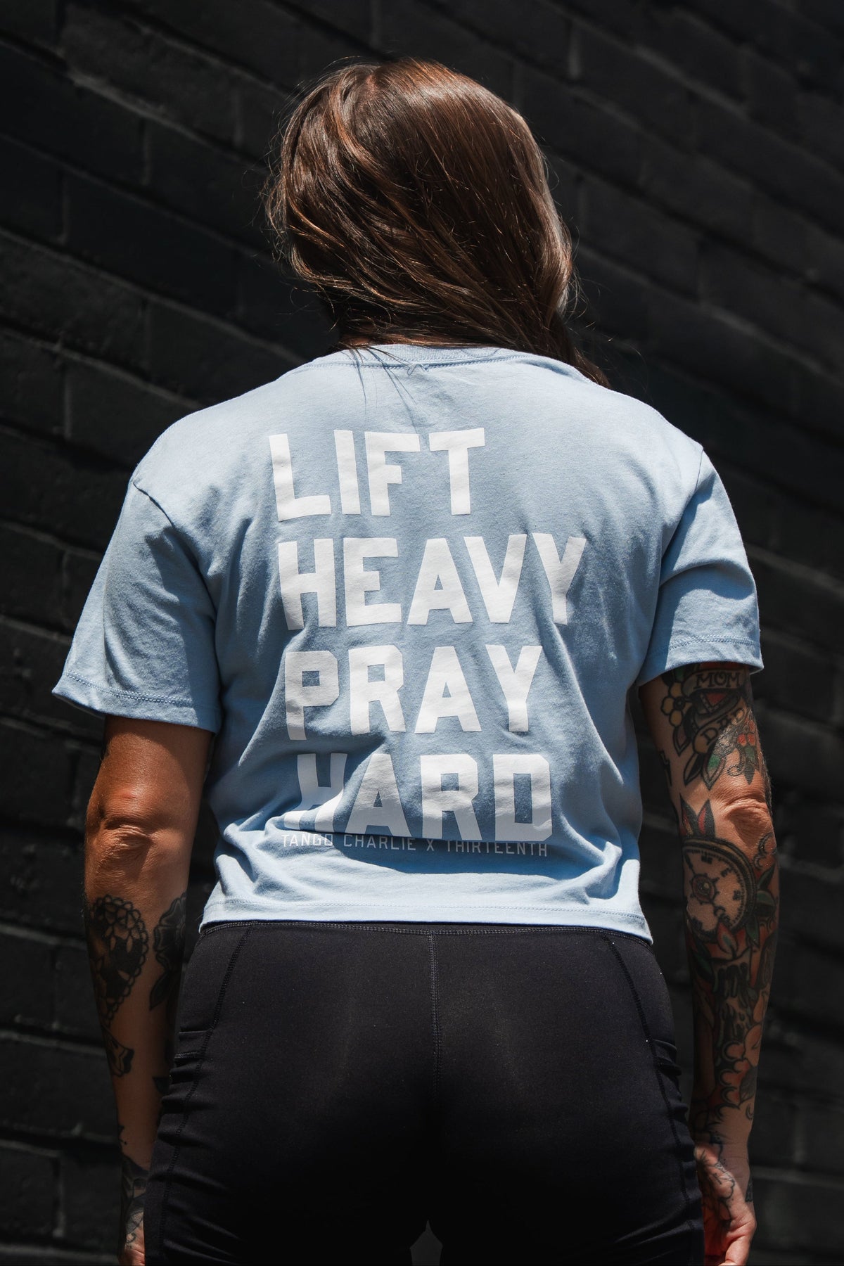 Lift Heavy. Pray Hard. - Baby Blue Women's Crop Tee