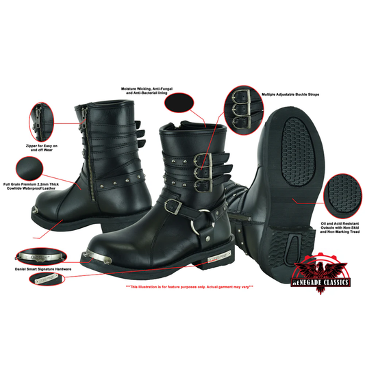 Women's 9 Inch Black Triple Buckle Leather Harness Boot