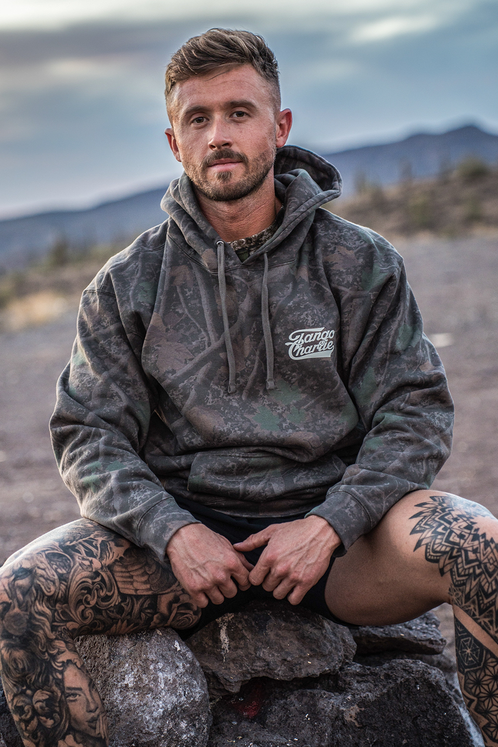 Lift Heavy. Trust God. - Premium Darkwood Camo Hoodie