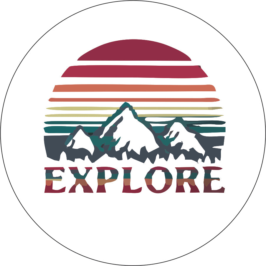 Explore Retro Design Mountains & Sun - Spare Tire Cover For RV, Camper, Jeep, Bronco, VW Bus, Van, & More
