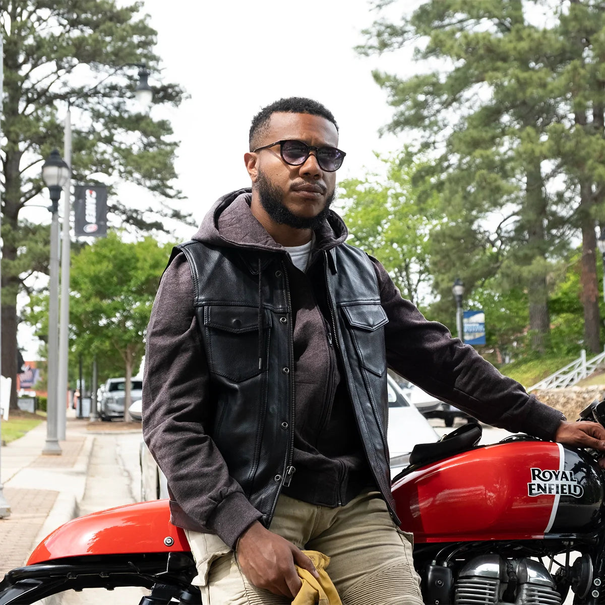Kent Men's Motorcycle Leather Vest and Hoodie