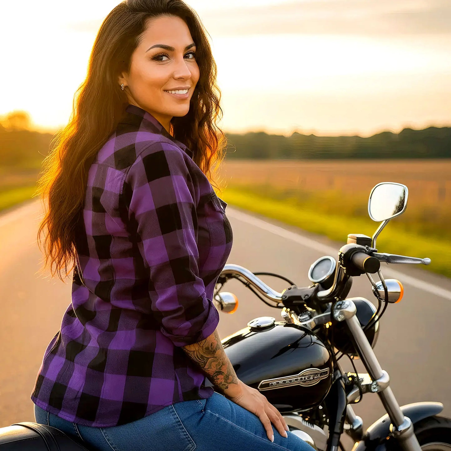 Hot Leathers FLL3003 Ladies Black and Purple Long Sleeve Flannel Shirt