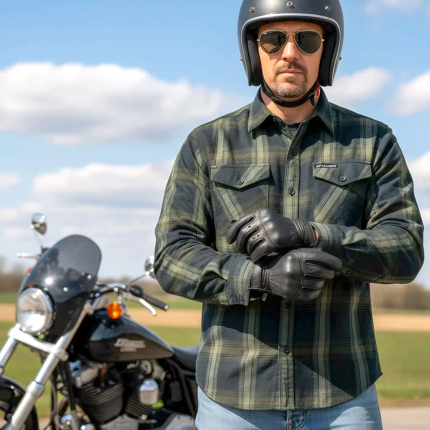 Hot Leathers Men's 'Open Road' Black/Green Cotton Flannel Shirt - Button Front - Riding/Casual/ Work Wear - FLM2018