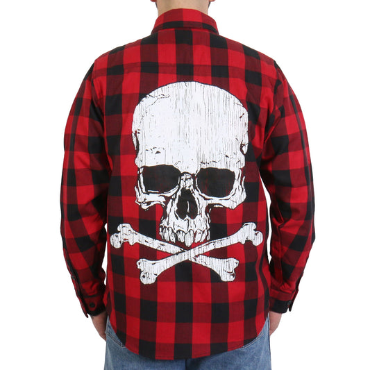 Hot Leathers Men's 'Skull & Bones' Black/Red Cotton Flannel Shirt - Button Front - Riding/Casual/ Work Wear - FLM2103
