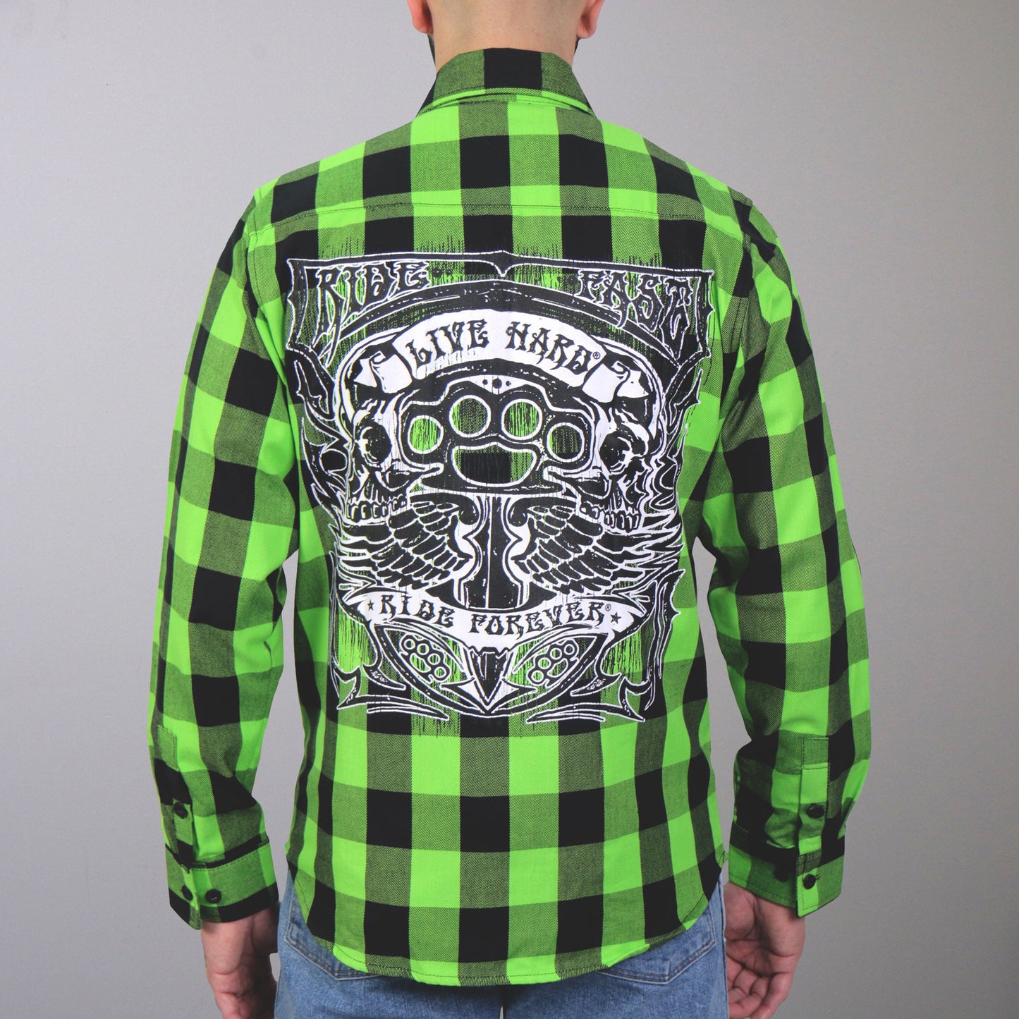 Hot Leathers Men's 'Brass Knuckles' Black/Green Cotton Flannel Shirt - Button Front - Riding/Casual/ Work Wear - FLM2106