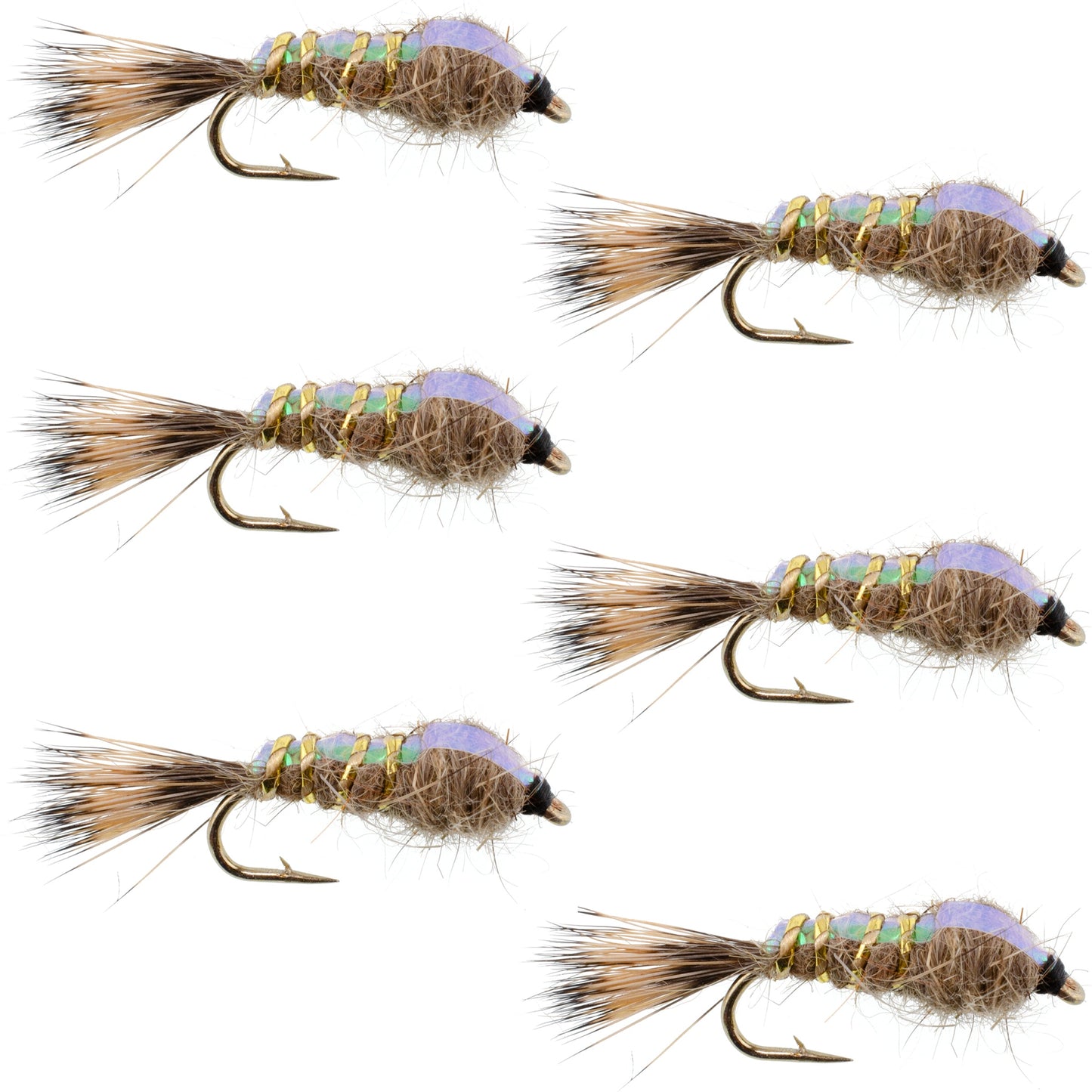 Classic Weighted Flashback Gold Ribbed Hares Ear Nymph - Set of 6 Flies - Size 18