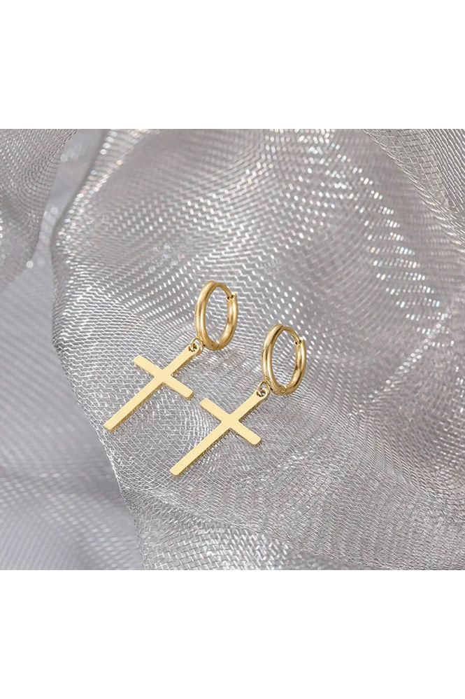 DAINTY 18K GOLD CROSS PENDANT EARRINGS
