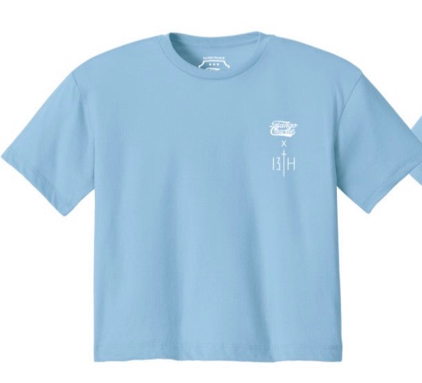 Lift Heavy. Pray Hard. - Baby Blue Women's Crop Tee