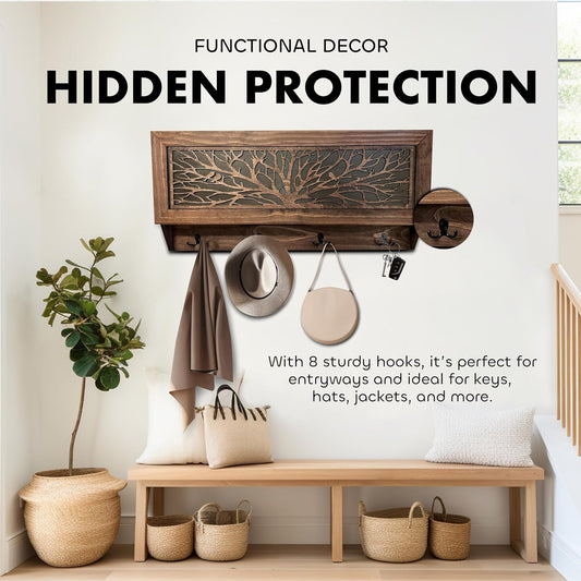 Birds in a Tree Large Gun Concealment Coat Rack - Handcrafted Wooden Gun Cabinets - Gun Shelf Hidden Storage for Rifles, Shotguns, & Handguns - Quick Access Hidden Wall Safe