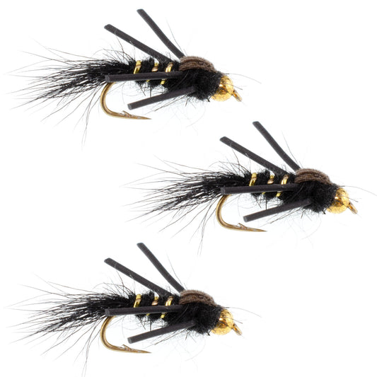 3 Pack Tungsten Bead Head Rubber Legs Black Gold-Ribbed Hare's Ear Trout Fly Nymph - Hook Size 16