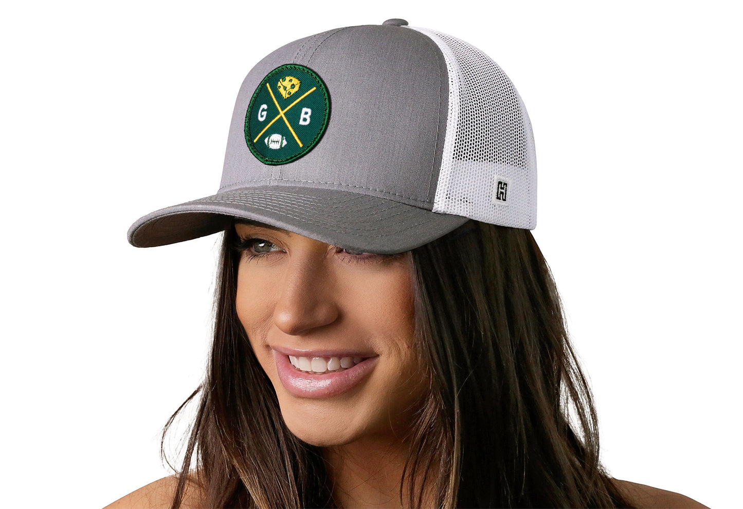 Green Bay Trucker Hat  |  Gray-White GB Cheese X Football Snapback