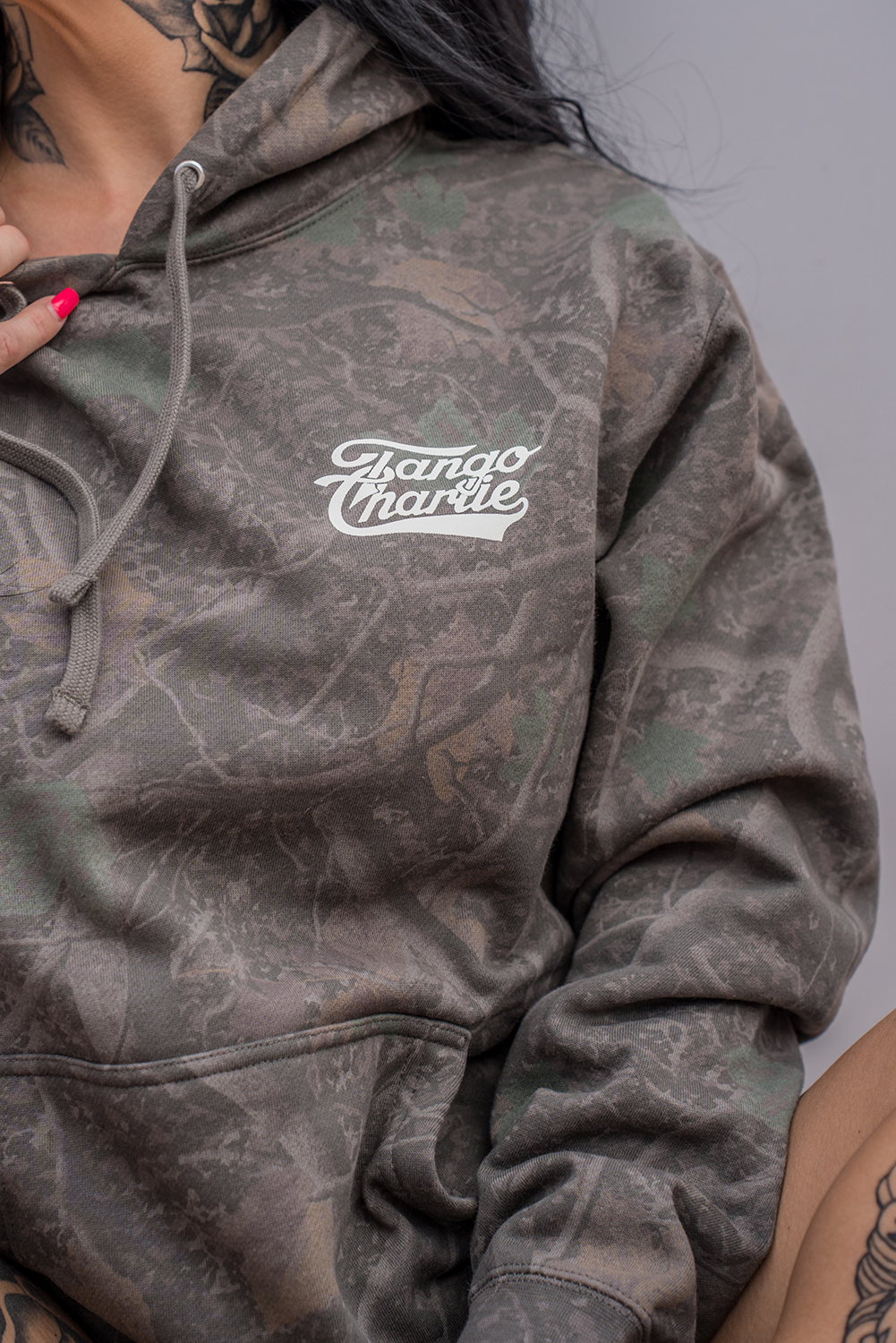 Lift Heavy. Trust God. - Premium Darkwood Camo Hoodie