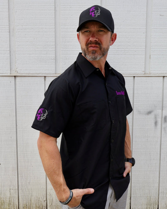 Closeout - SHORT SLEEVE Men's Embroidered Shop Shirt - Purple Logo