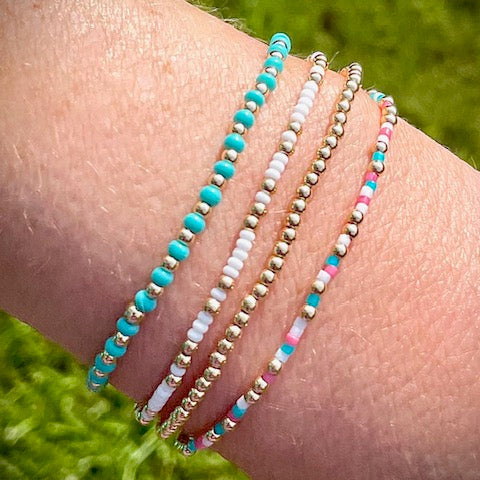 14K Gold Filled 2.5mm & Turquoise, Pink & White Bead Bracelet