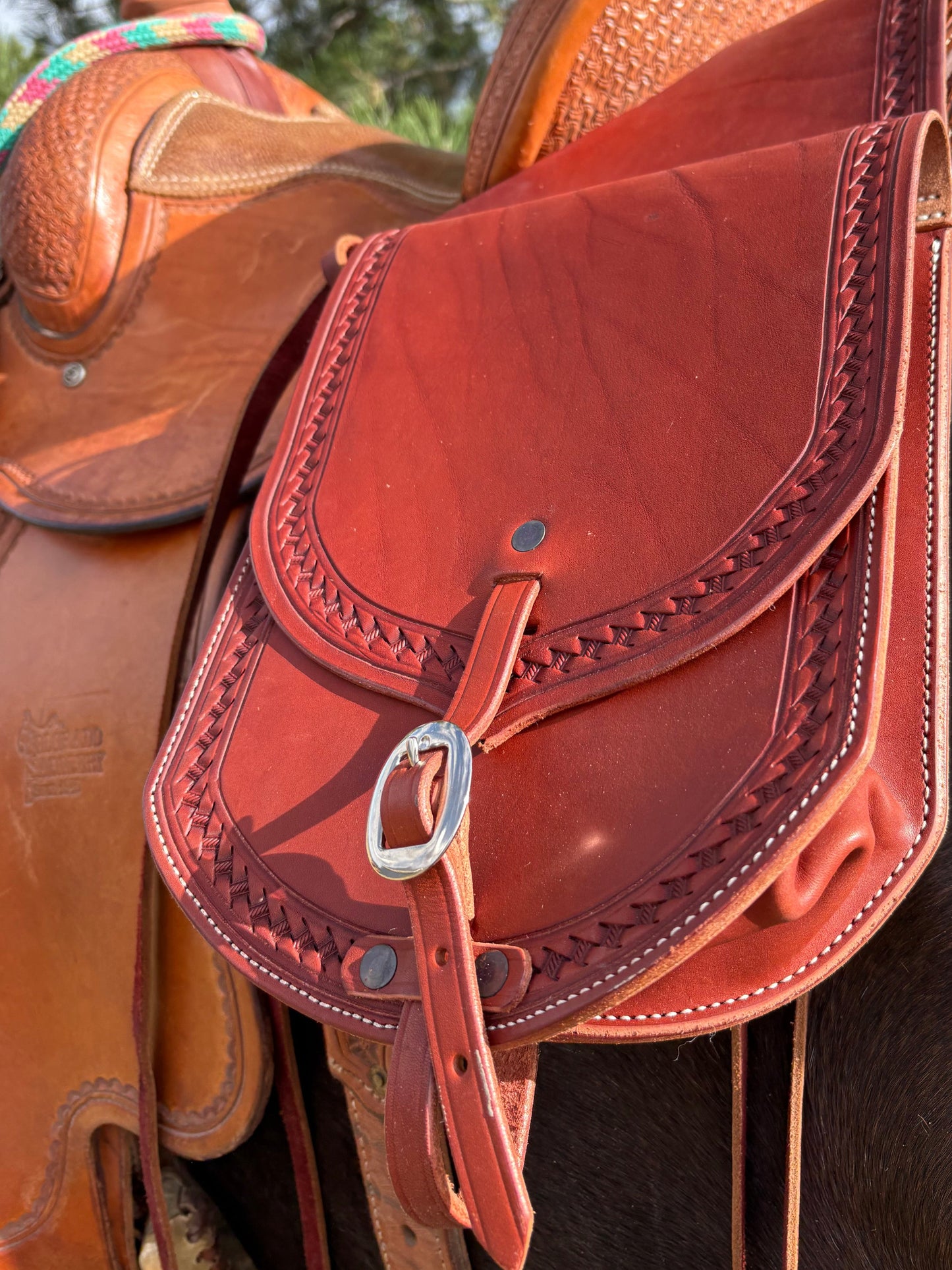 Premium Leather Saddle Bag with Hand Tooled Border- 9"