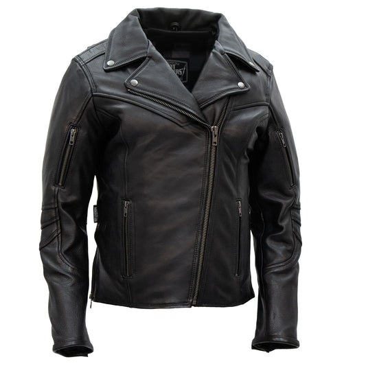 Hot Leathers JKL1034 Ladies Biker Black Leather Motorcycle Jacket with Plaid Flannel Lining