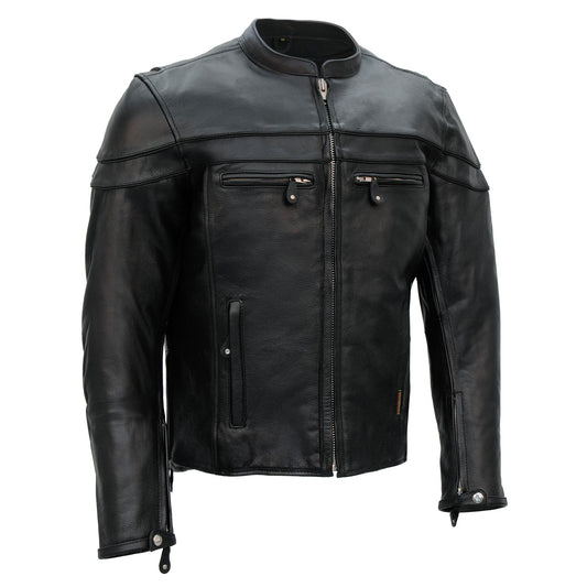 Hot Leathers JKM1011 Men's Black Leather Vented Motorcycle Racer Jacket with Double Piping