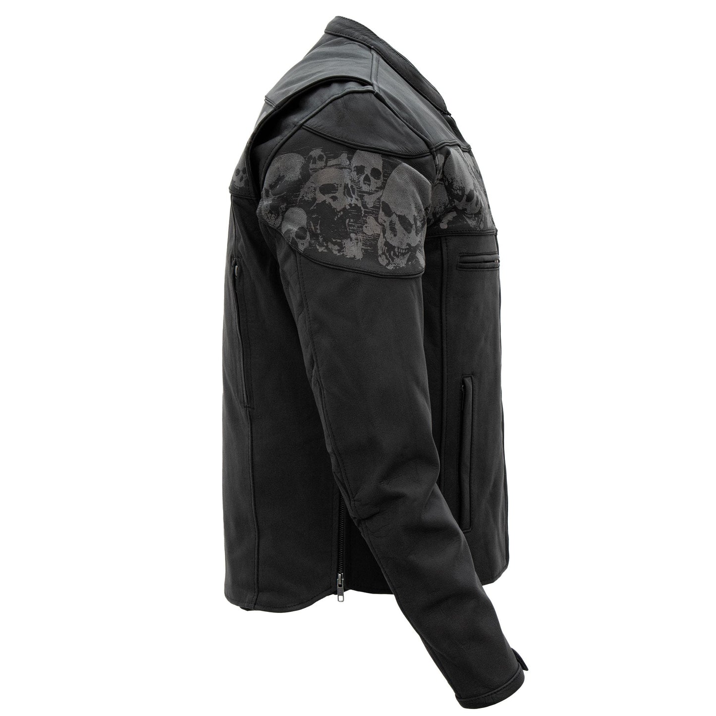 Hot Leathers JKM2002 Men’s Black Biker ‘Reflective Skull' Printed Leather Motorcycle Jacket with Concealed Carry Pockets