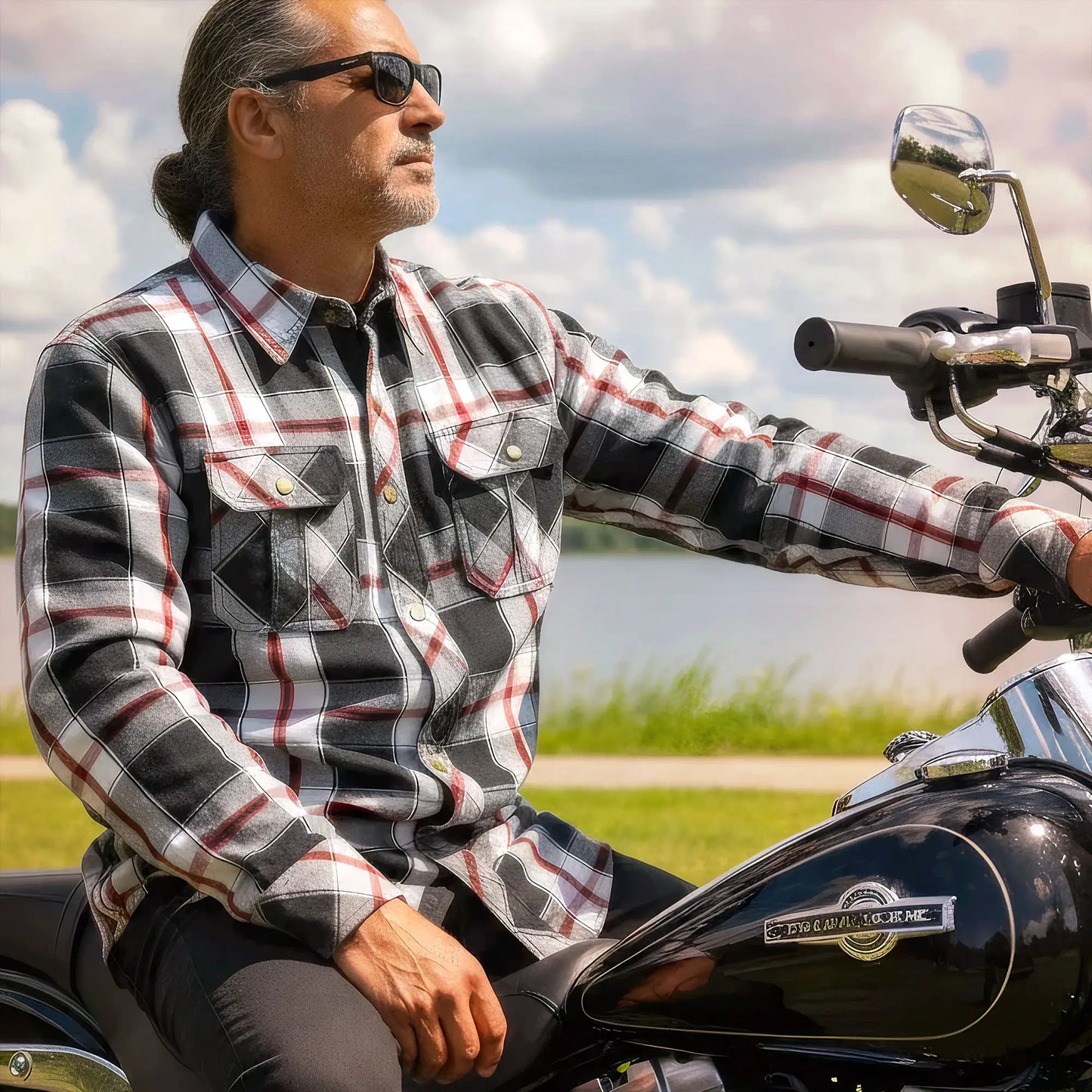 Hot Leathers Men's 'Sinfire' White/Black Cotton Flannel Shirt - Button Front - Riding Proective Wear - JKM3001
