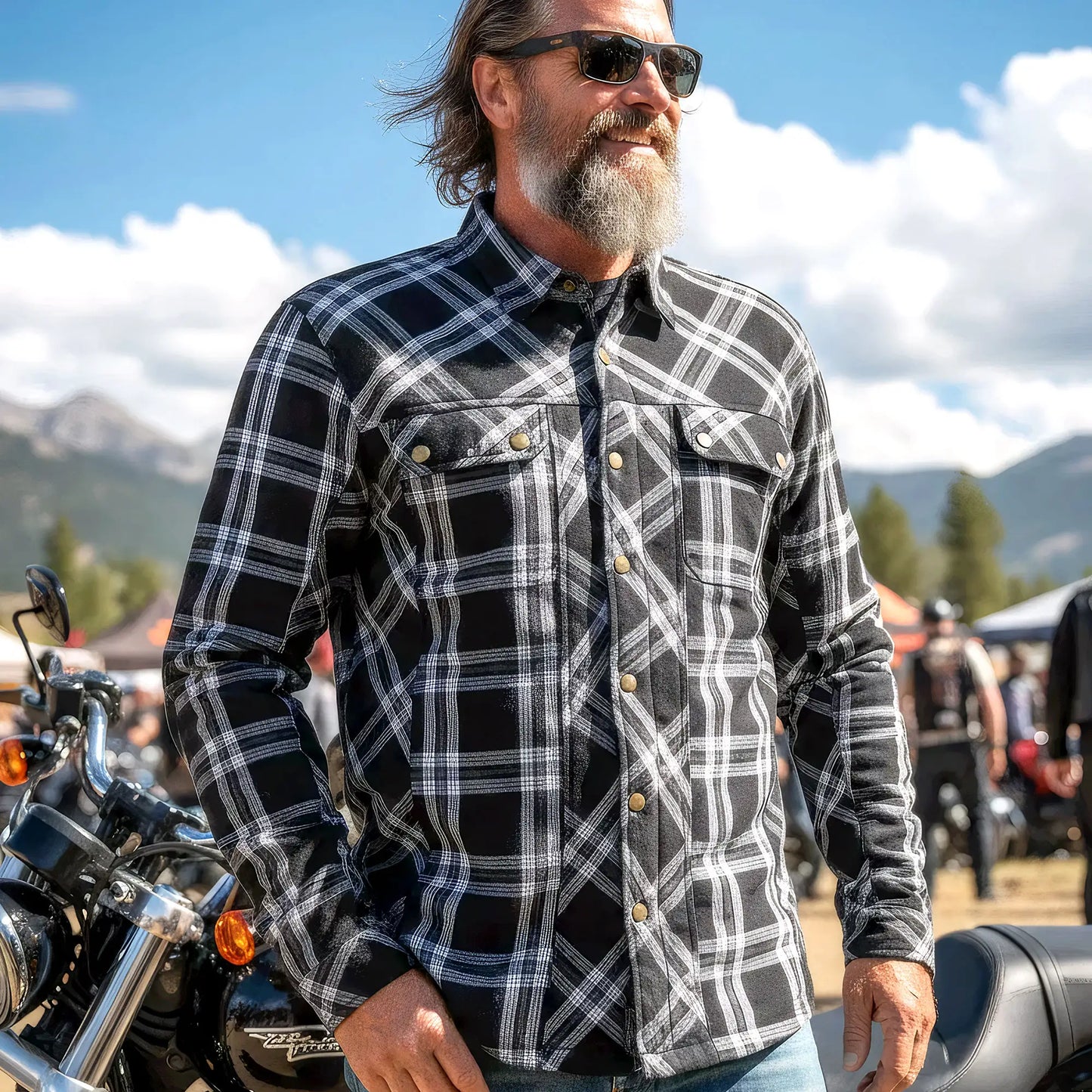 Hot Leathers Men's 'Road Wolf' White/Black Cotton Flannel Shirt - Button Front - Riding Protective Wear - JKM3002