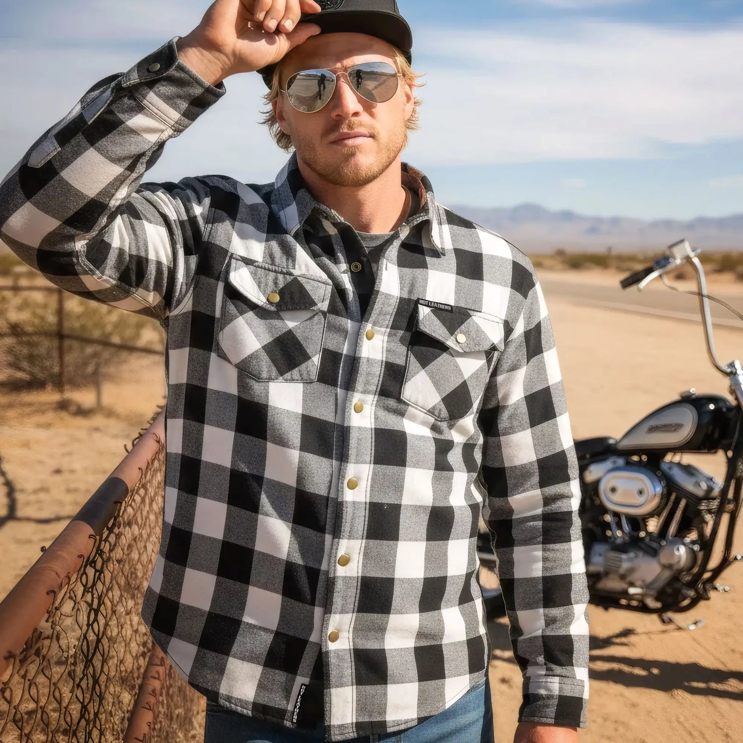 Hot Leathers Men's 'Iron Outlaw' White/Black Cotton Flannel Shirt - Button Front - Riding Protective Wear - JKM3005