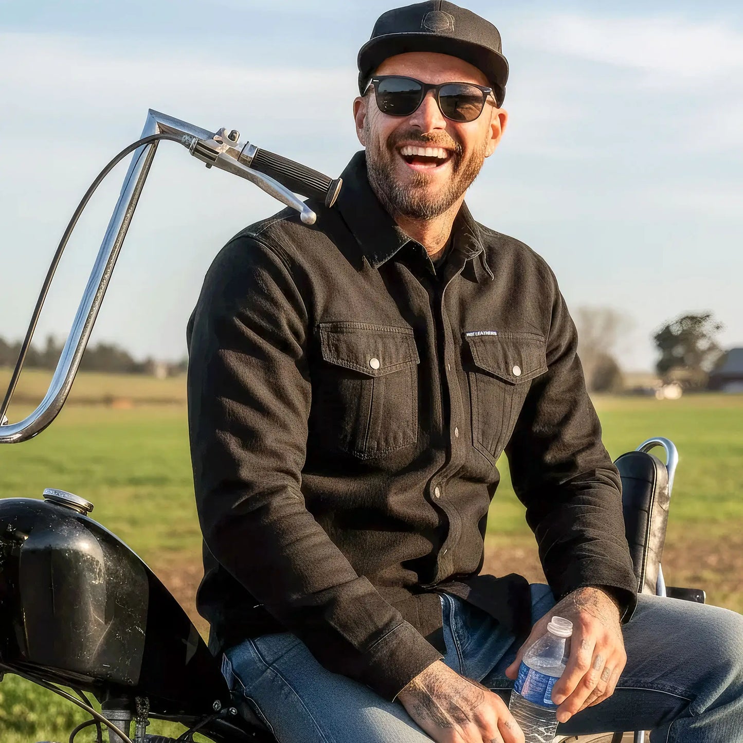 Hot Leathers JKM3009 Men's Classic Motorcycle Black Denim Long Sleeve Biker Shirt with Armor