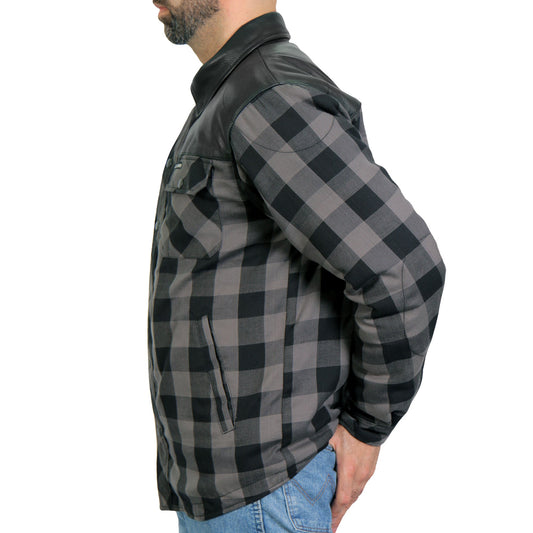 Hot Leathers Men's 'Black Flag' Gray/Black Cotton Flannel Shirt - Button Front - Riding Protective Wear - JKM3203