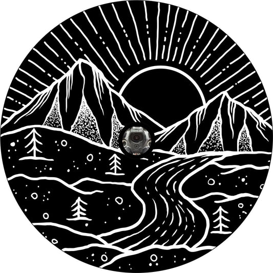 River Flowing Mountain Range at Sunset Spare Tire Cover Jeep, RV, Bronco, Camper, Trailer, Van, Etc.