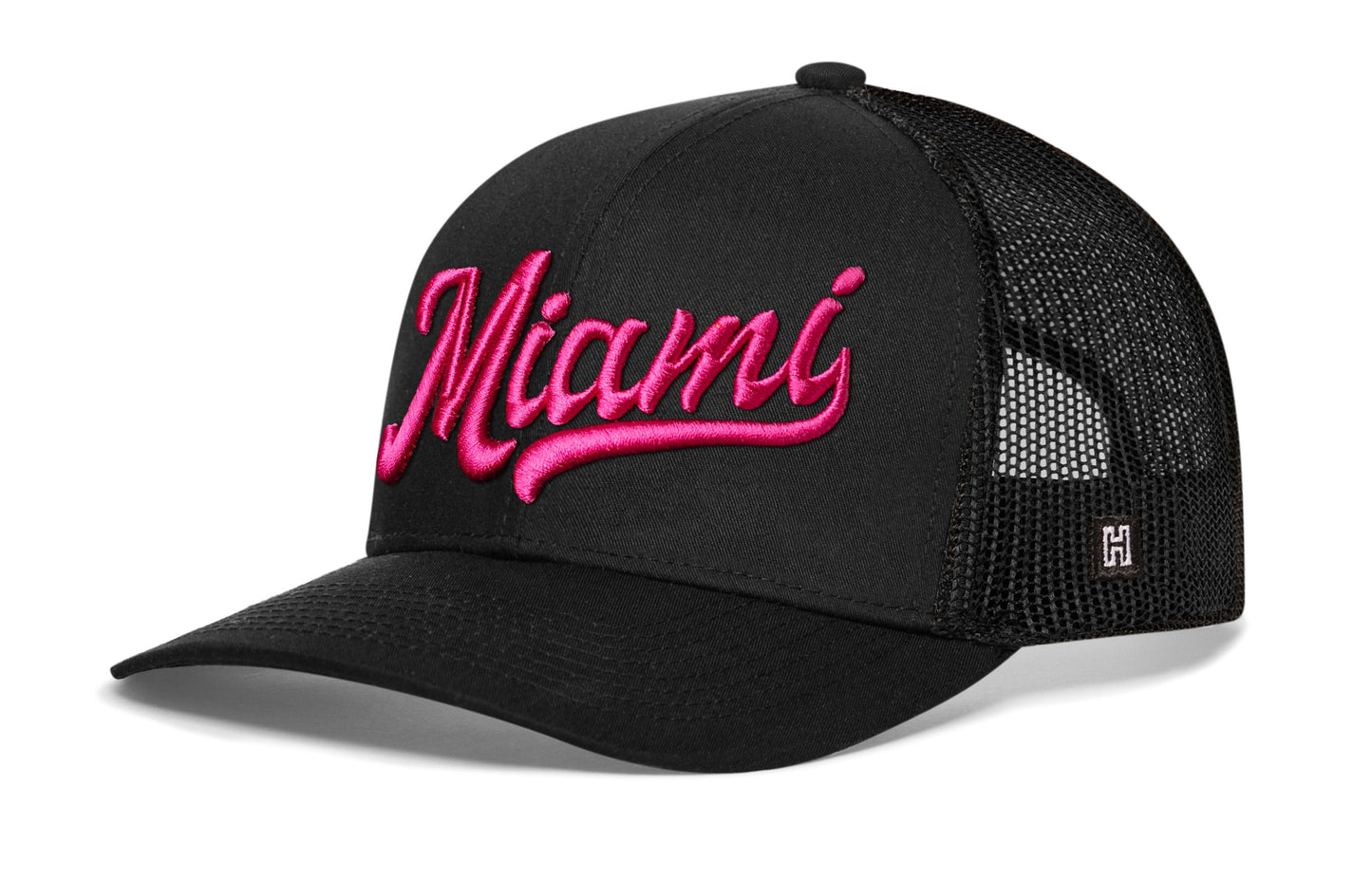 Miami Hot Pink Script Trucker Hat  |  Florida Snapback