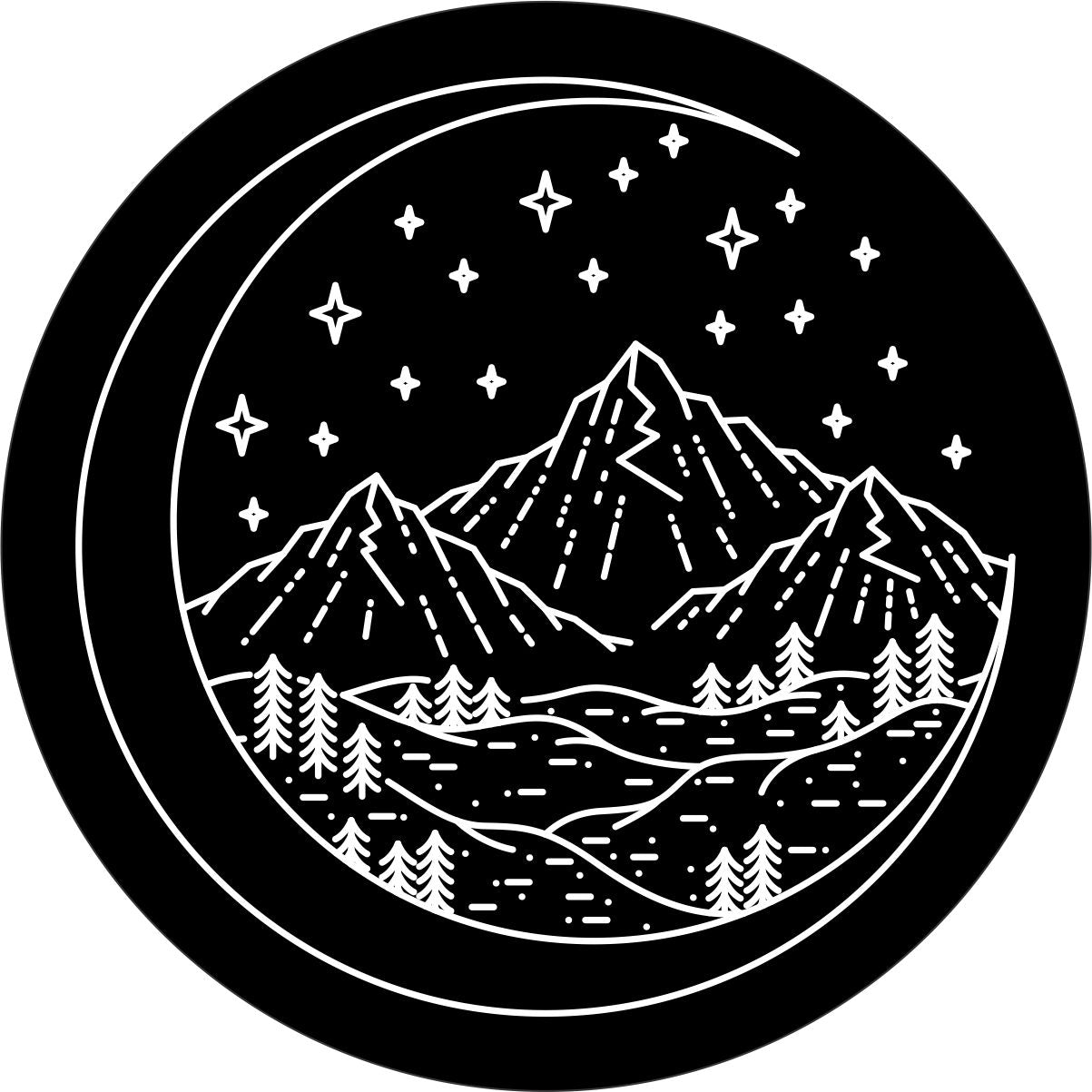 Mountains in The Crescent Moon Spare Tire Cover for Jeep, RV, Bronco, Camper, FJ, Trailer, & More