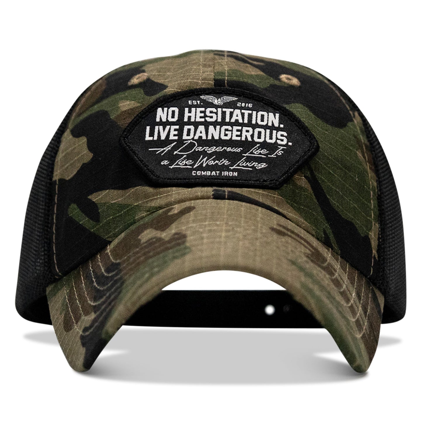 No Hesitation. Live Dangerous Patch Tactical Ripstop Mesh Snapback Hat