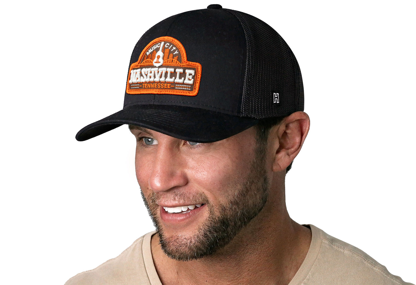 Nashville Music City Trucker Hat  |  Black Cityscape Snapback