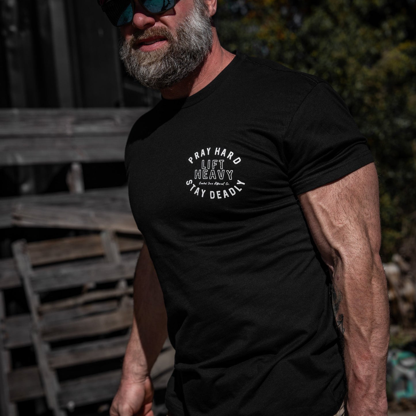 Pray Hard. Lift Heavy. Stay Deadly. Men's T-Shirt