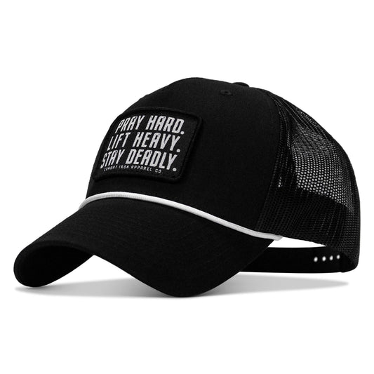 Pray Hard. Lift Heavy. Stay Deadly. Patch Rope Snapback Hat