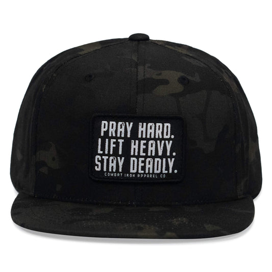 Pray Hard. Lift Heavy. Stay Deadly. Flat Bill SnapBack Hat