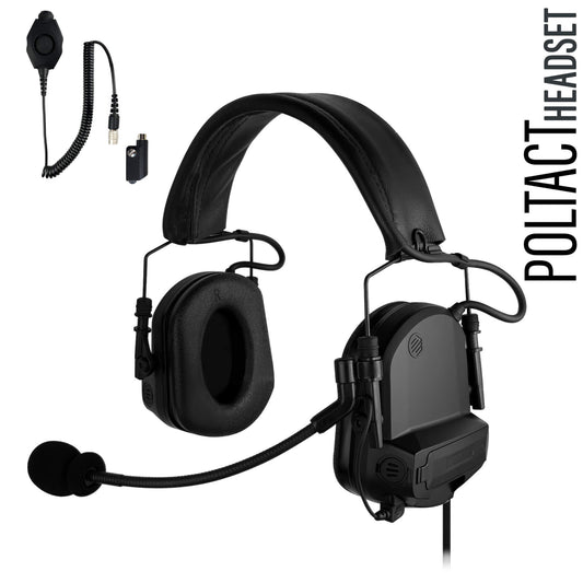 PolTact V1 Tactical Comms Headset w/ Active Hearing Protection & Quick Disconnect (Hirose) Adapter - Icom IC-SAT100, F52D/62D, F3261/3360/3400, F4400/5400/6400, F7010, F9011, M85 & More