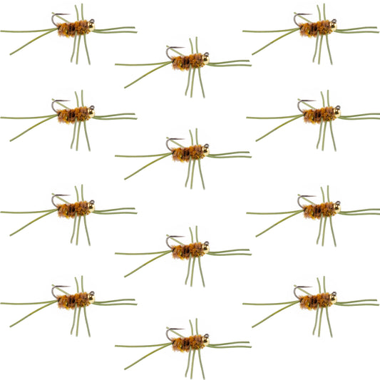 Barbless Pat's Rubber Legs Tungsten Bead Jigged Coffee/Tan Euro Nymph  - Set of 12 Flies Hook Size 10