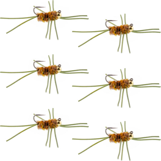 Barbless Pat's Rubber Legs Tungsten Bead Jigged Coffee/Tan Euro Nymph  - Set of 6 Flies Hook Size 10