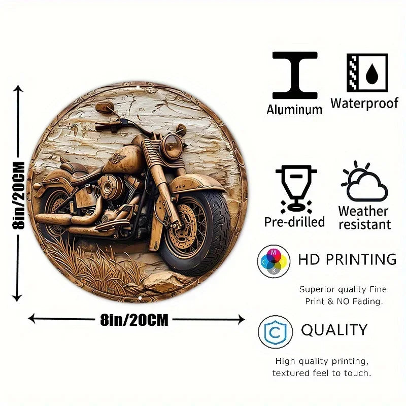 Round Faux Wooden Carved Painted Circular Wreath Sign, Entrance Decoration Gifts Motorcycle Themed Decoration
