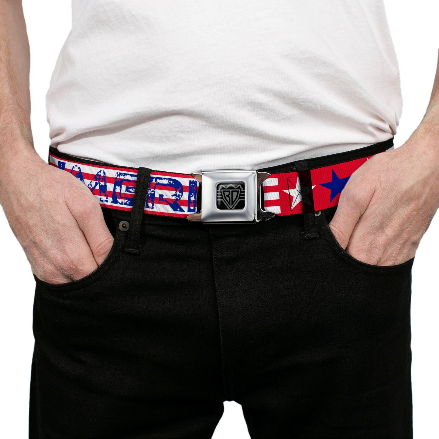 BD Wings Logo CLOSE-UP Full Color Black Silver Seatbelt Belt - 'MERICA Stripes/Stars Red/White/Blue Webbing