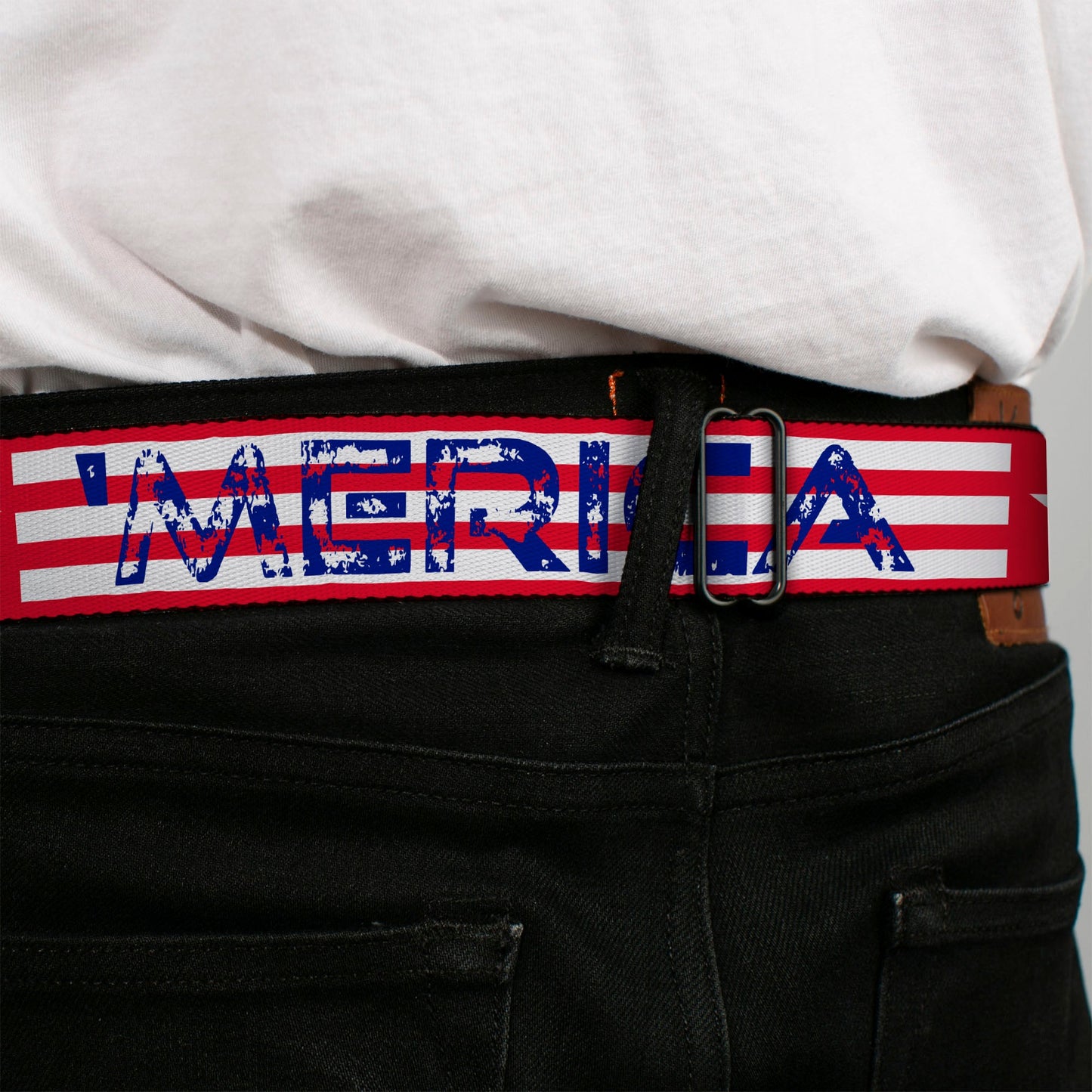 BD Wings Logo CLOSE-UP Full Color Black Silver Seatbelt Belt - 'MERICA Stripes/Stars Red/White/Blue Webbing