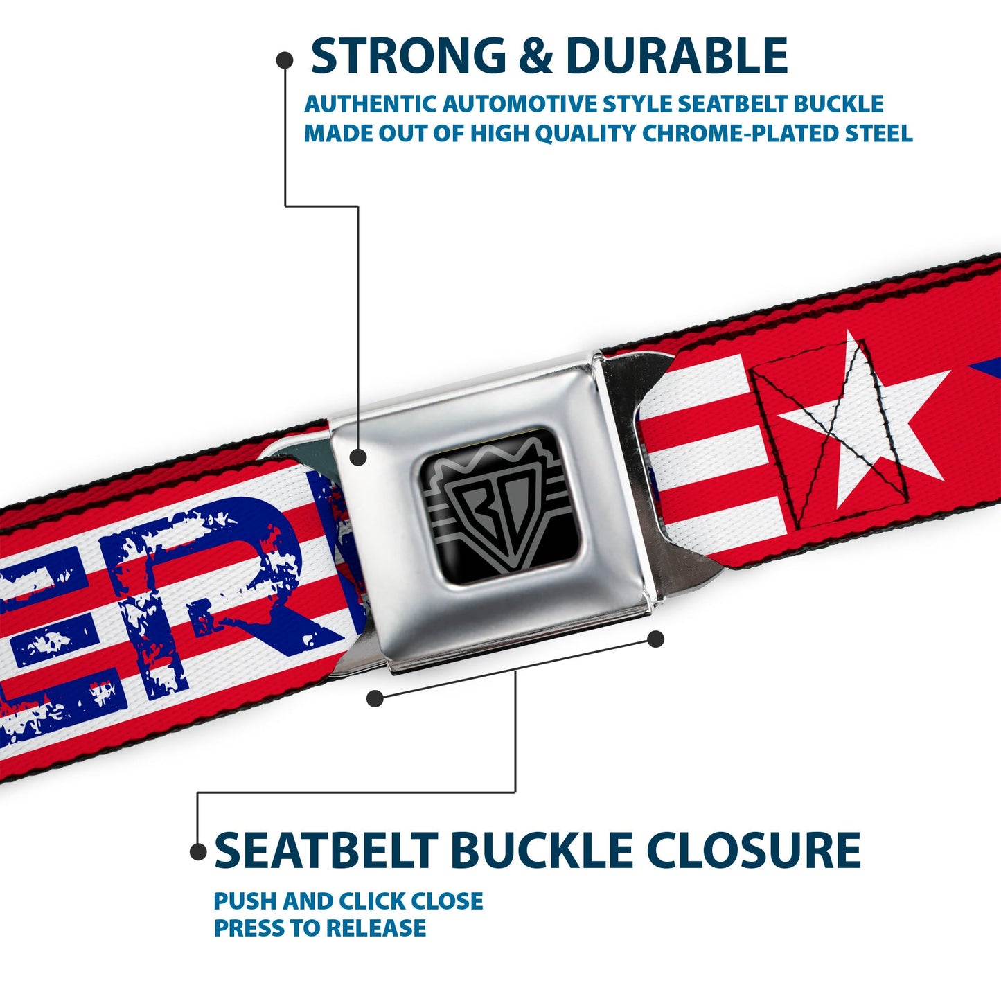 BD Wings Logo CLOSE-UP Full Color Black Silver Seatbelt Belt - 'MERICA Stripes/Stars Red/White/Blue Webbing