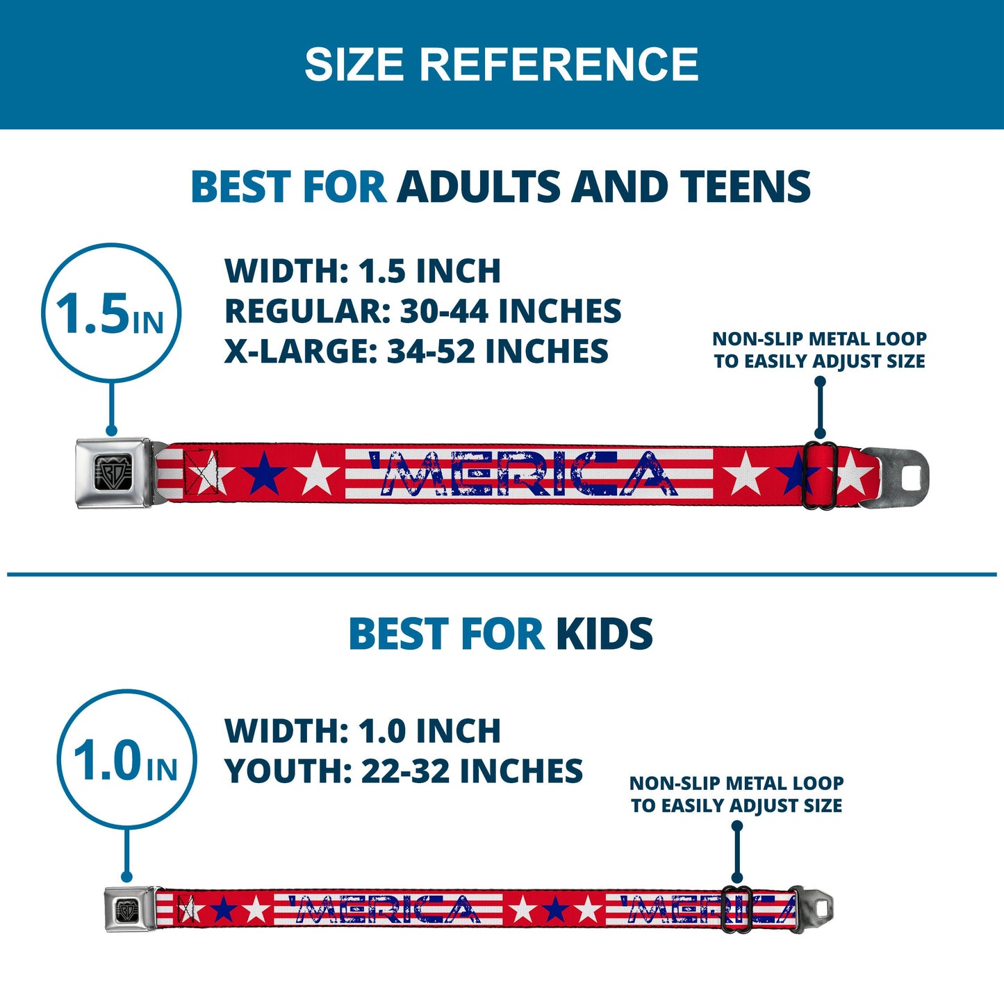 BD Wings Logo CLOSE-UP Full Color Black Silver Seatbelt Belt - 'MERICA Stripes/Stars Red/White/Blue Webbing