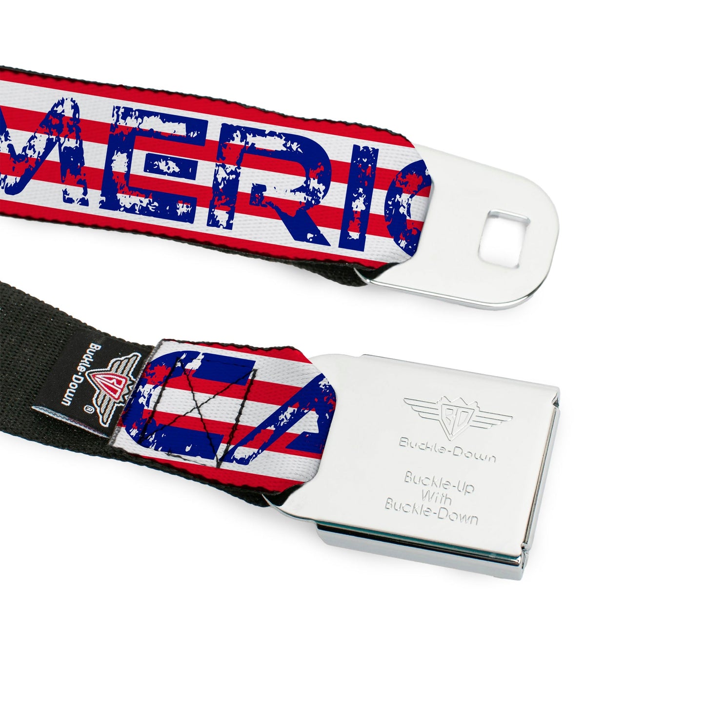 BD Wings Logo CLOSE-UP Full Color Black Silver Seatbelt Belt - 'MERICA Stripes/Stars Red/White/Blue Webbing
