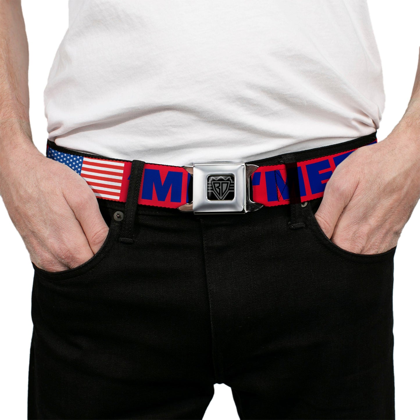 BD Wings Logo CLOSE-UP Full Color Black Silver Seatbelt Belt - 'MERICA/US Flag Red/Blue/White Webbing