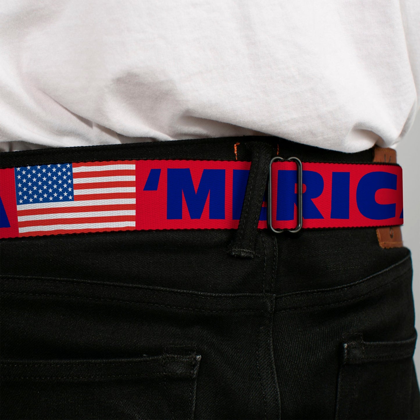 BD Wings Logo CLOSE-UP Full Color Black Silver Seatbelt Belt - 'MERICA/US Flag Red/Blue/White Webbing