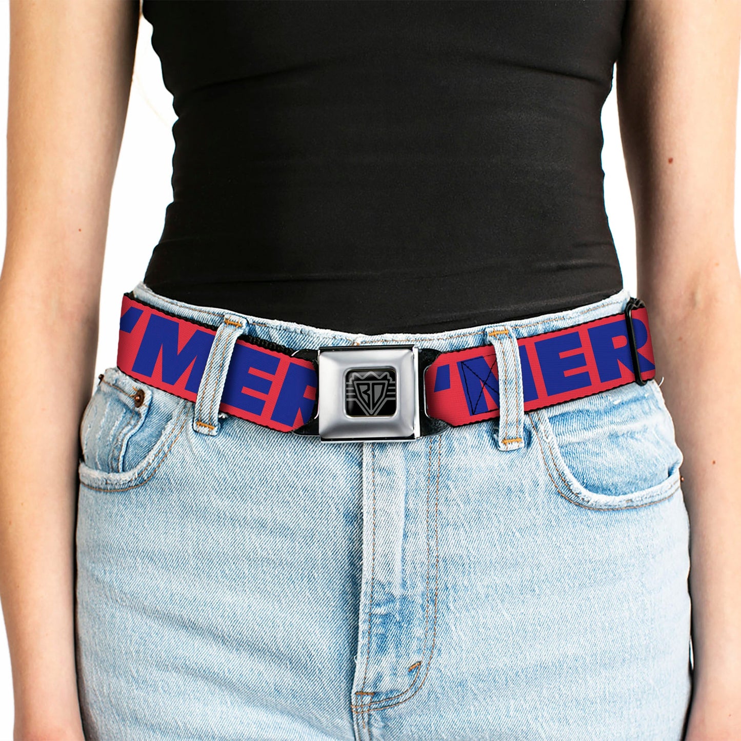 BD Wings Logo CLOSE-UP Full Color Black Silver Seatbelt Belt - 'MERICA/US Flag Red/Blue/White Webbing