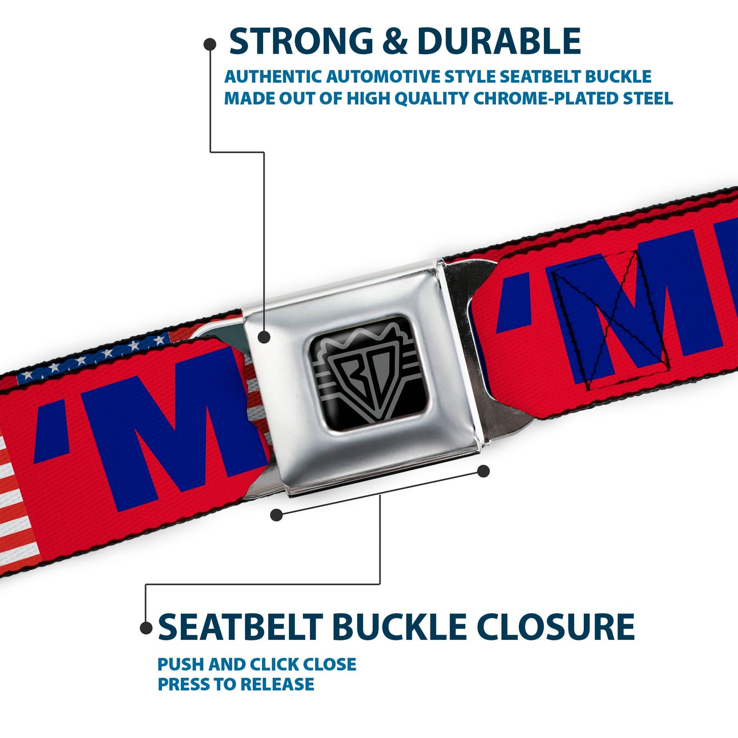 BD Wings Logo CLOSE-UP Full Color Black Silver Seatbelt Belt - 'MERICA/US Flag Red/Blue/White Webbing
