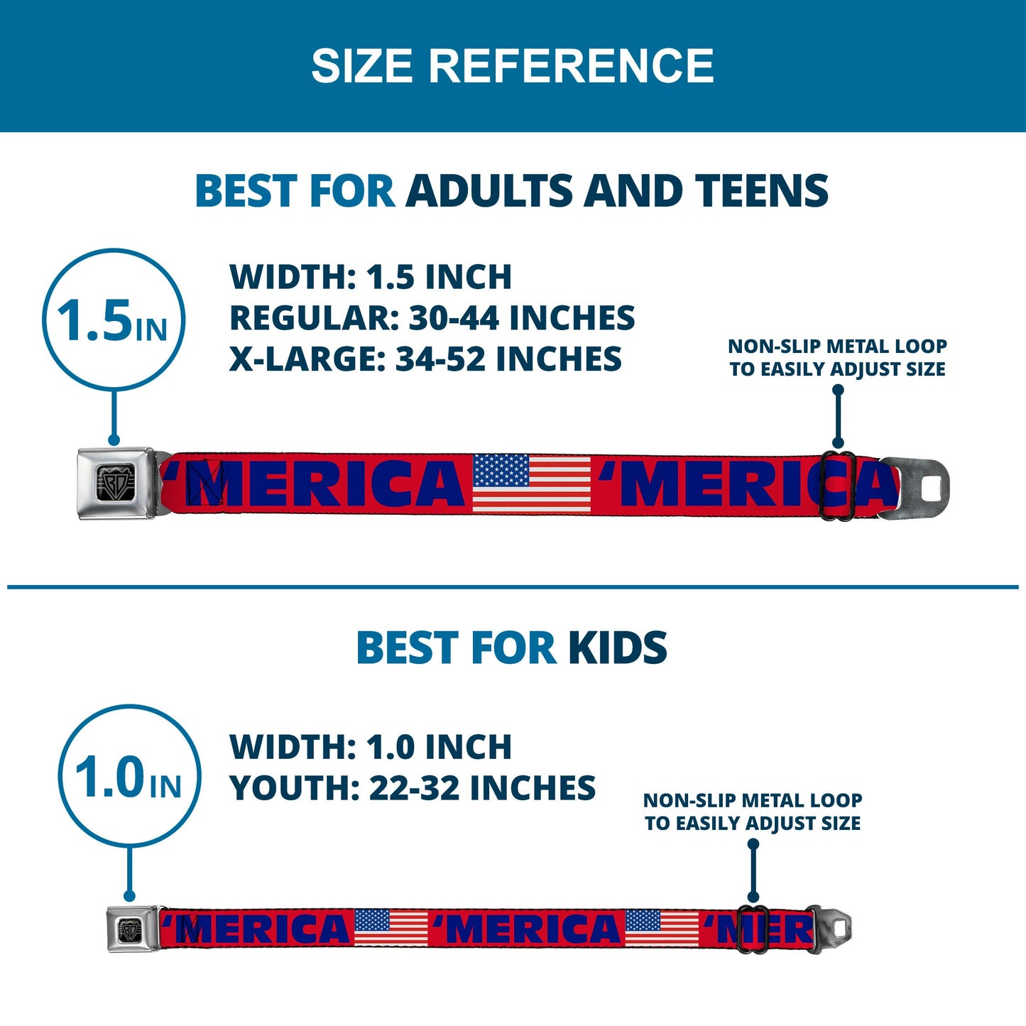 BD Wings Logo CLOSE-UP Full Color Black Silver Seatbelt Belt - 'MERICA/US Flag Red/Blue/White Webbing
