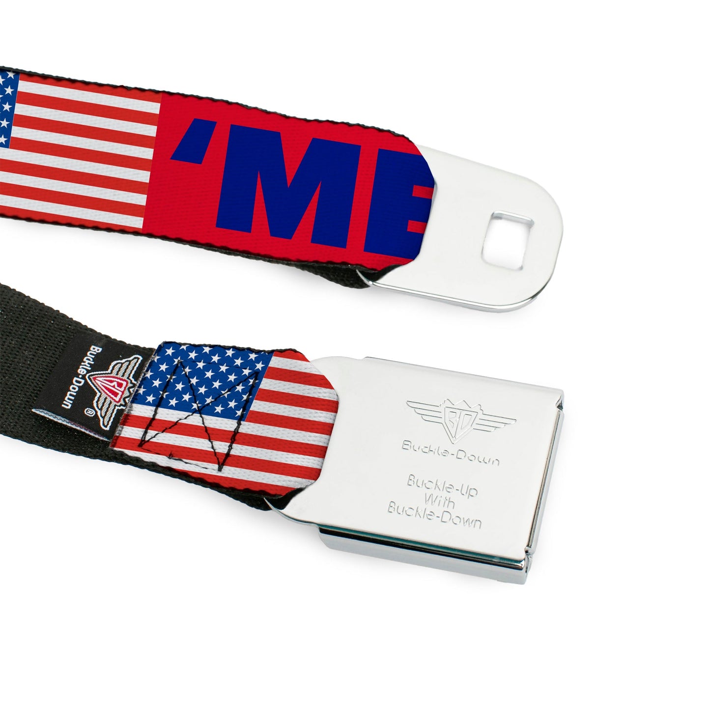 BD Wings Logo CLOSE-UP Full Color Black Silver Seatbelt Belt - 'MERICA/US Flag Red/Blue/White Webbing